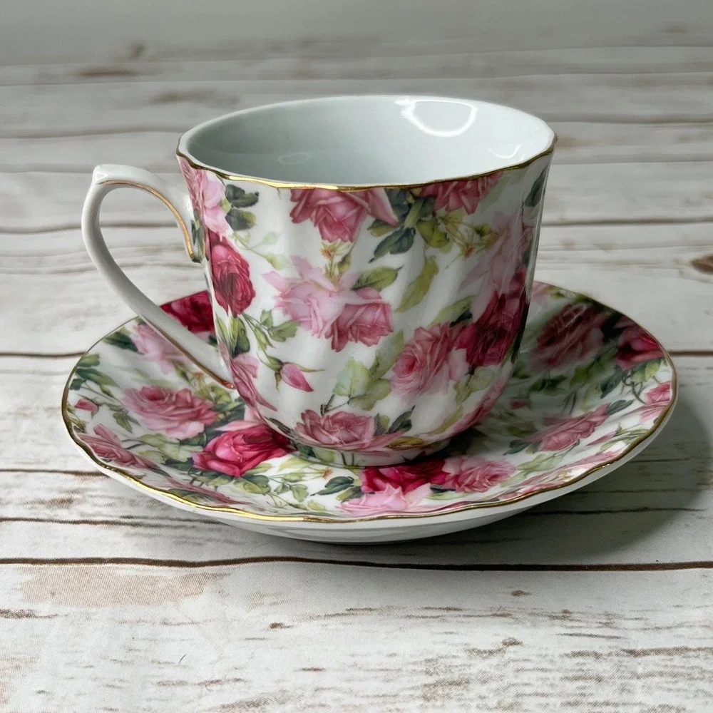 Victoria's Garden Teacup Saucer Set Pink Rose‎ Floral Gold Trim Porcelain White